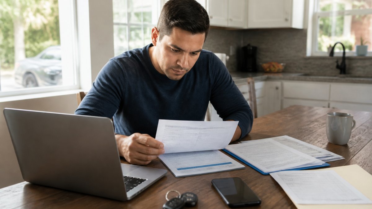 A person sitting at a kitchen table with a laptop, phone, and car paperwork, reviewing an insurance claim form in natural daylight