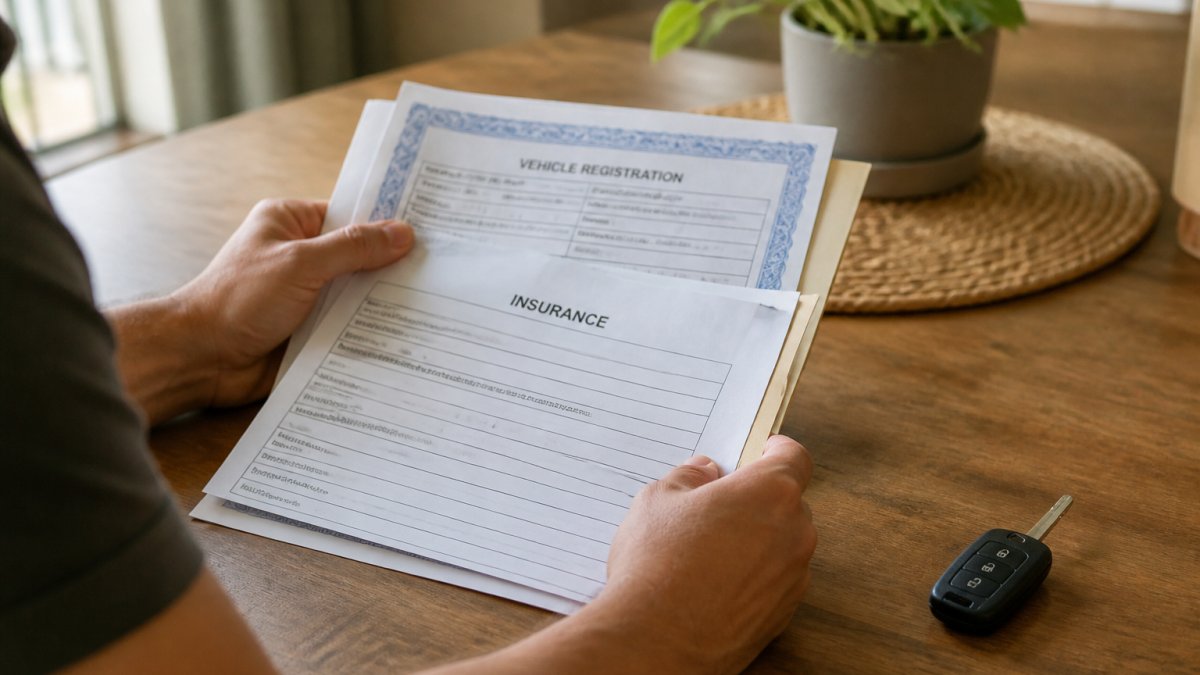 Car owner holding vehicle registration and insurance documents with spare key on wooden table, natural afternoon lighting