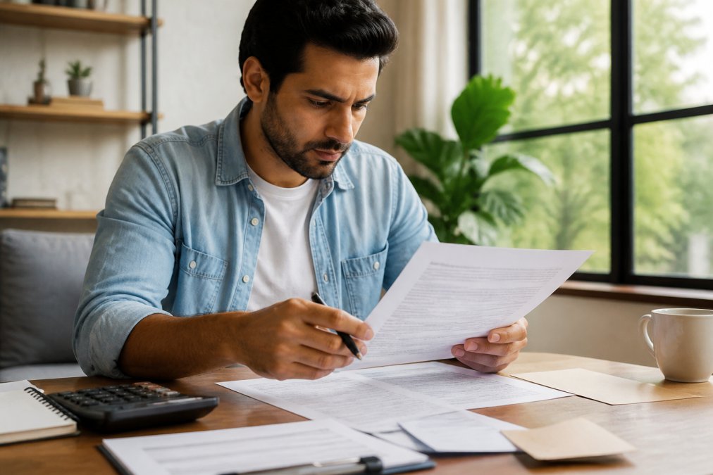 Person reviewing loan documents and paperwork at a desk with a laptop, calculator, and pen nearby, looking focused and informed
