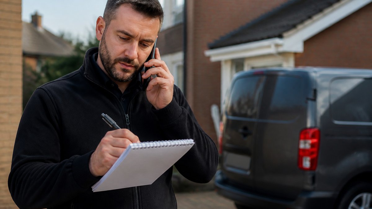 Professional taking notes on a notepad while holding a mobile phone, with pen ready, during a locksmith consultation call