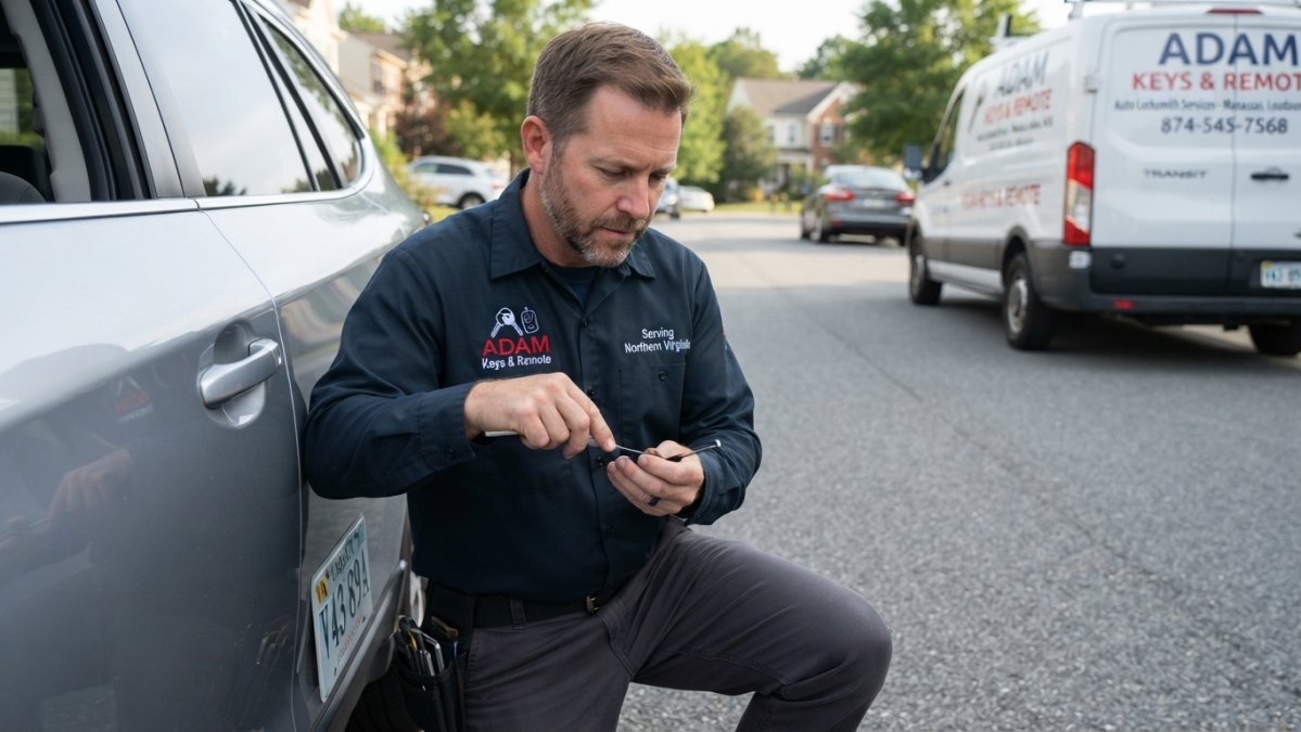 Professional locksmith in uniform demonstrating proper technique while working on a vehicle door lock with specialized tools in daylight, showing professional appearance and equipment