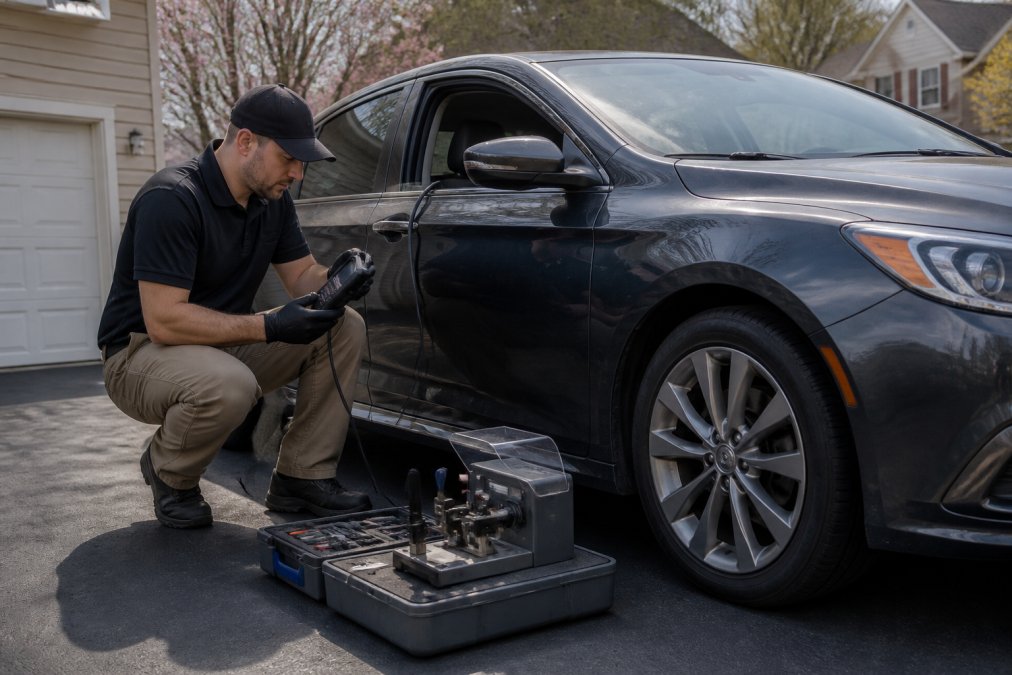 A locksmith technician kneeling beside a sedan in a suburban Northern Virginia driveway, holding a diagnostic programming tool connected to the car, with a key cutting machine case open nearby