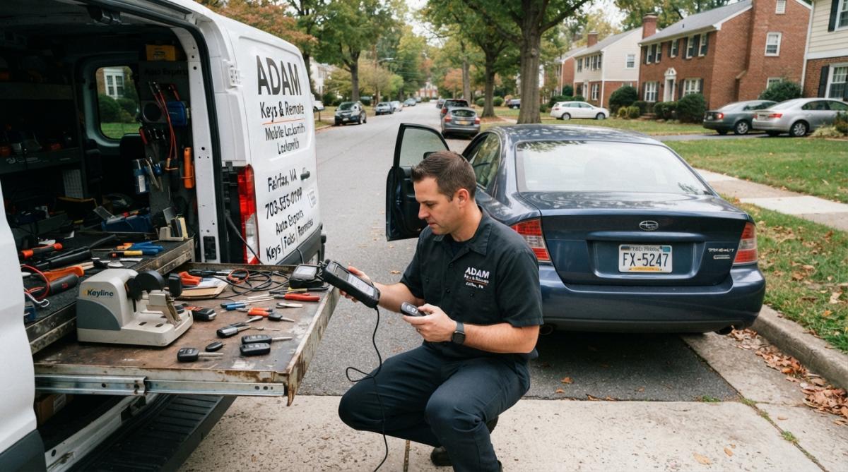 A mobile locksmith in a branded service van programming a car key fob next to a sedan parked on a residential street in Northern Virginia, with key cutting tools visible on a work tray
