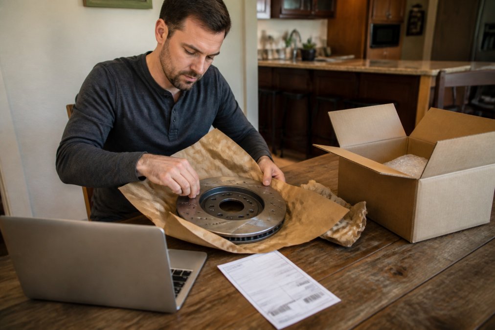 A DIY car owner carefully wrapping a brake rotor in protective paper at a kitchen table, with a printed return label, open laptop showing an order confirmation, and a cardboard box nearby under warm indoor lighting