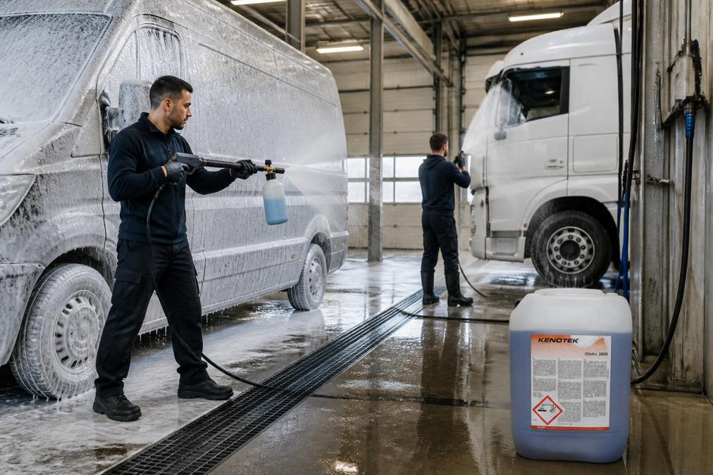 Professionele werknemers voeren autowas uit met schuimkanon en hogedrukreiniger op meerdere voertuigen in een georganiseerde bedrijfswerkplaats met reinigingsapparatuur en afvoersystemen