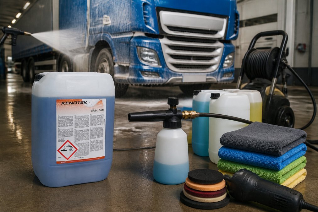 Close-up van professionele reinigingsproducten, schuimkanon, hogedrukreiniger, concentraatflessen, microvezeldoeken en polijstmiddelen, naast een glanzend gereinigd voertuig in een bedrijfswerkplaats met industriële verlichting