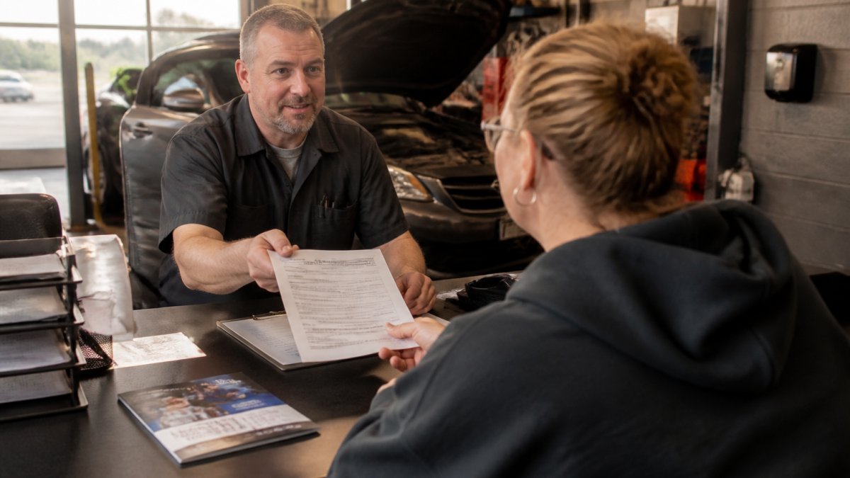 A service advisor at an auto repair shop handing a printed repair estimate to a customer seated at a desk, with a laptop and financing brochure visible under warm overhead lighting