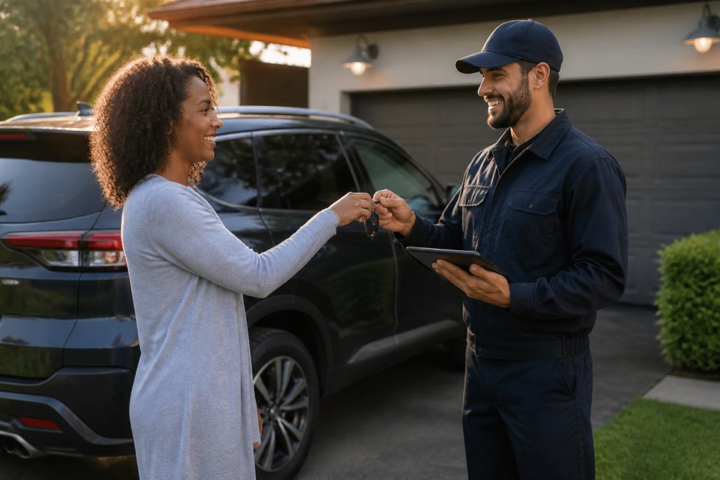 A car owner handing keys to a uniformed technician beside a parked SUV in a residential driveway, the technician holding a tablet, late afternoon sunlight