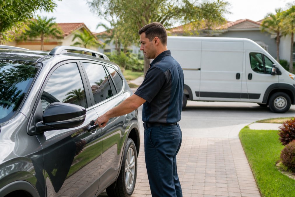 ASE certified mechanic in uniform opening driver's side door of a vehicle in a residential driveway during daytime, with service van visible in background