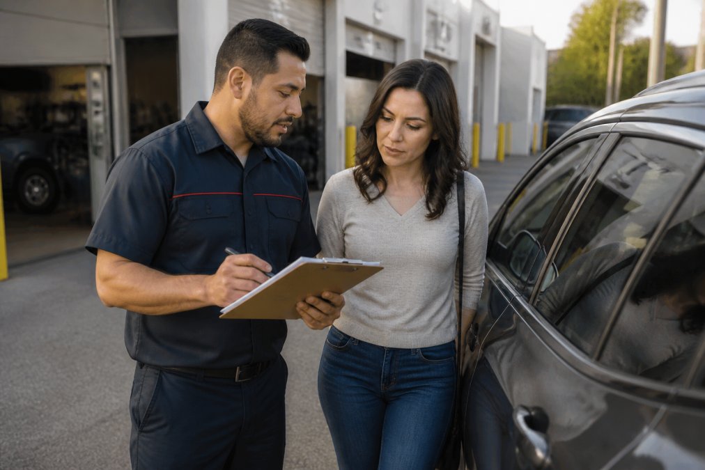 Close-up of a service professional holding a clipboard with vehicle inspection checklist while standing beside a customer's car, both individuals visible from waist up