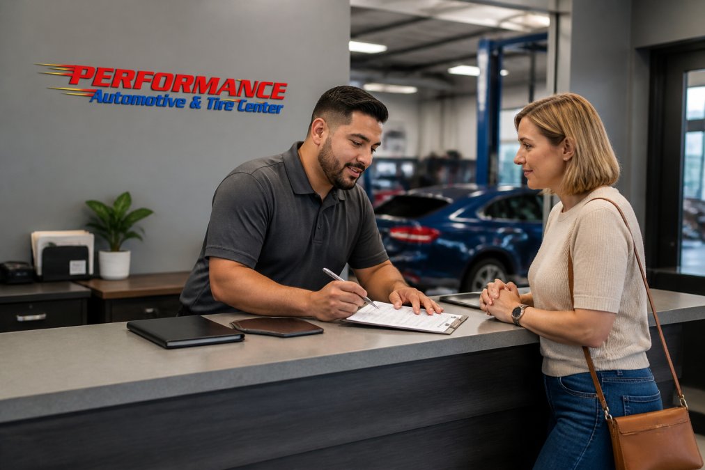 Professional service advisor at auto repair shop counter speaking with customer about vehicle service, with appointment tablet and paperwork visible on counter
