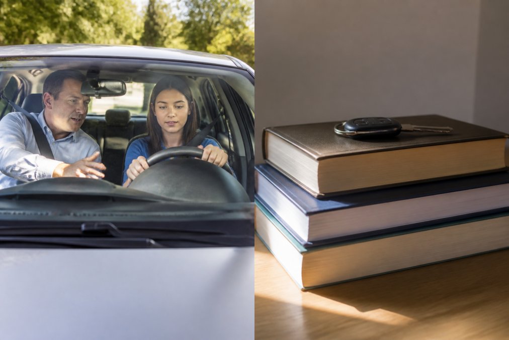 A calm, patient driving instructor seated beside a nervous young adult driver in a vehicle, both focused on the road ahead with supportive body language and natural daylight streaming through the windows