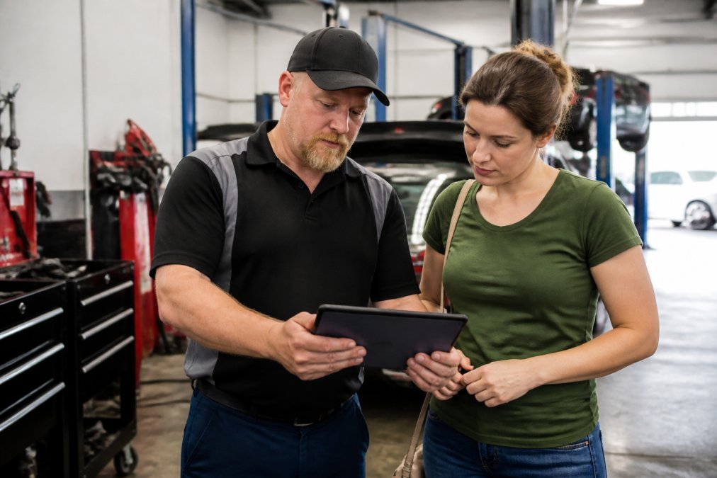 A certified technician in a clean, modern auto repair shop holding a tablet showing a digital vehicle inspection report to a car owner, both examining the screen together under bright workshop lighting
