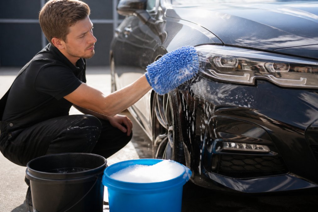 Handen die een auto wassen met een blauwe microvezelwashandschoen, twee emmers met water en schuim zichtbaar op de achtergrond, zonnig daglicht, auto in detail zichtbaar