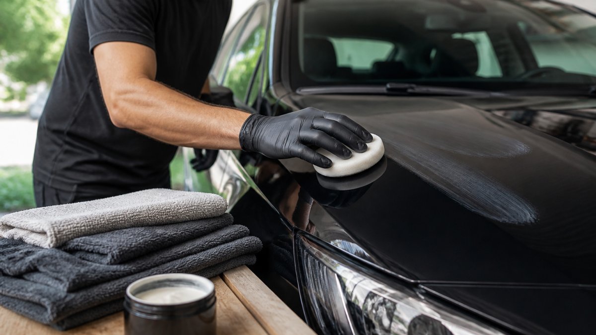 Professioneel handen die dunne, gelijkmatige laag wax aanbrengen op schone autolak met applicatorpad in daglicht, met microvezeldoeken op werkbank