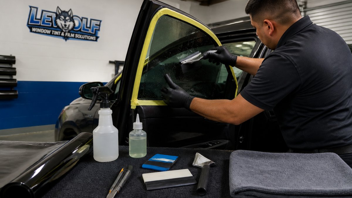 Professional technician applying window tint film to car window using precision squeegee technique with protective gloves and protective masking tape