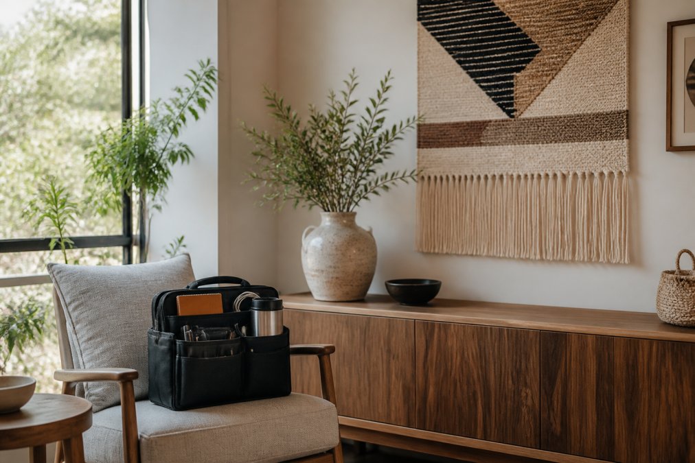 A bright living room corner with a woven wall tapestry, a ceramic vase on a wooden console, and a car interior organizer bag resting on a chair nearby, showing how home and car lifestyle items sit together in one space