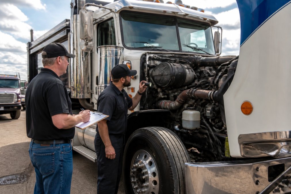 A fleet manager and a mechanic inspecting a severe-duty Autocar truck in an outdoor lot, clipboard and flashlight in hand, clear daylight overhead