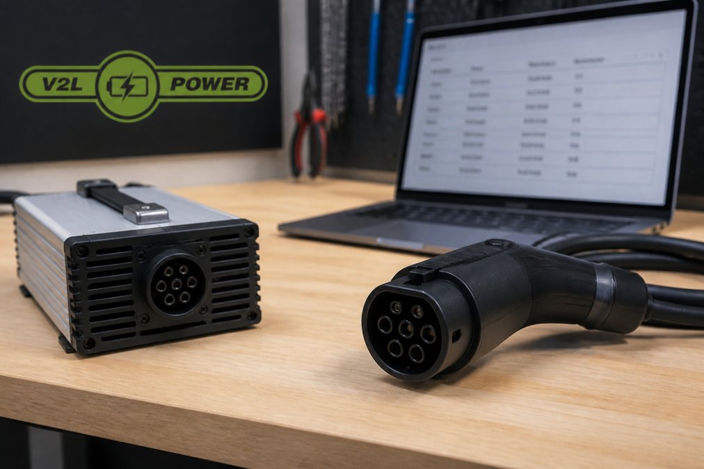 A close-up of a modern Type 2 V2L adapter and a sleek metal power converter unit placed on a clean workbench, with a laptop showing technical specifications in the background