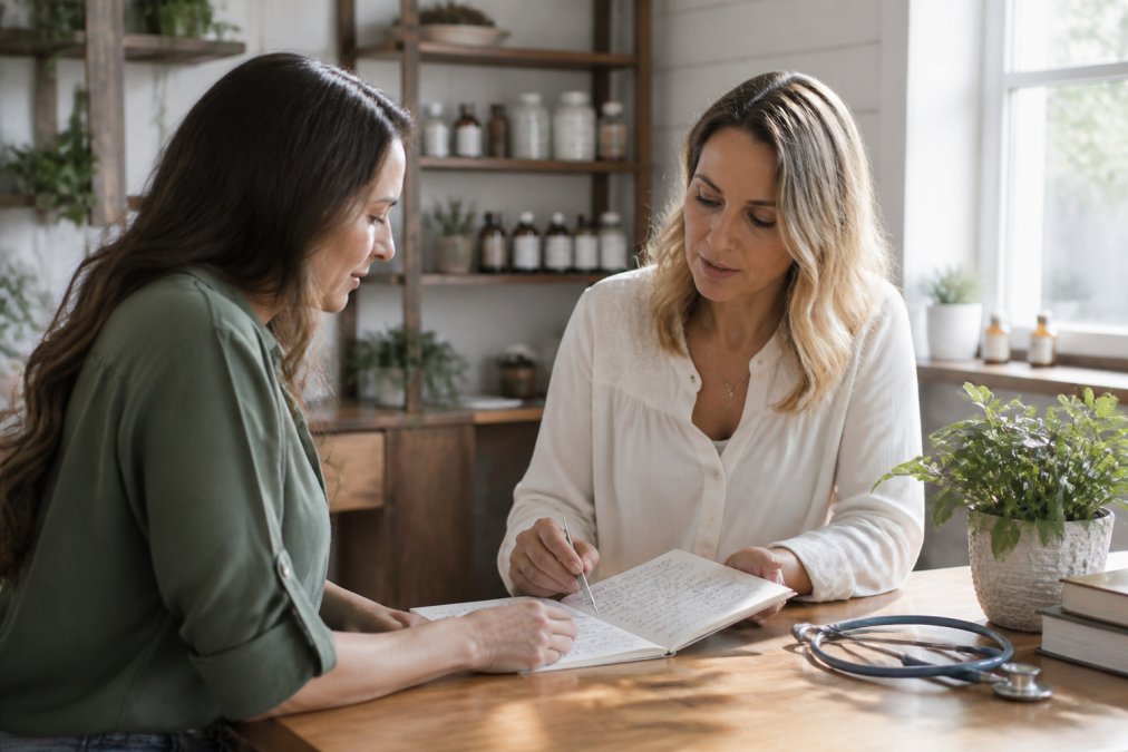 A naturopathic practitioner sitting across from a patient at a consultation desk, reviewing handwritten health notes together in a calm, well-lit wellness clinic with plants and soft natural light