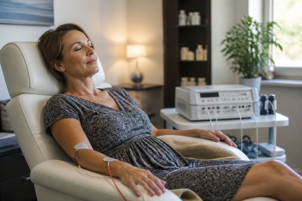 A patient reclining comfortably in a clinical wellness chair during a bio-frequency therapy session, with soft ambient lighting and specialized therapy equipment visible in the background