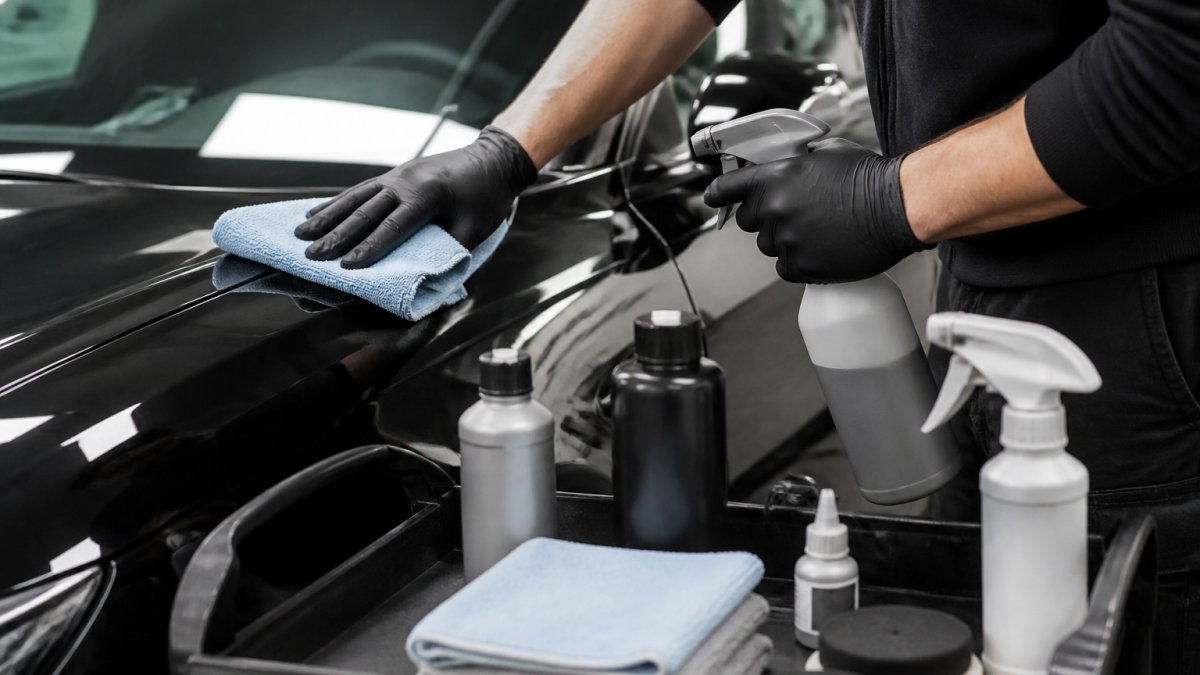 Professional demonstrating autolak ontvetting technique with microfiber cloth and degreaser in well-lit workshop environment with detailing products visible on workbench