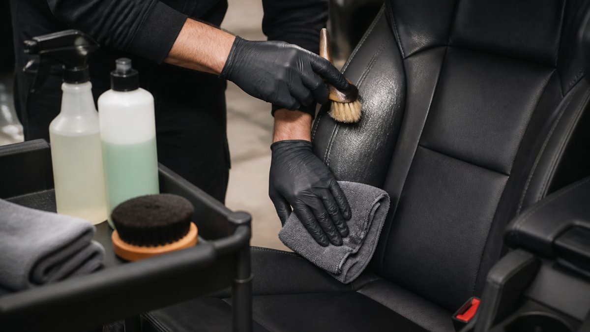 Handen reinigen een lederen autostoel voorzichtig met een zachte borstel en microvezeldoek.