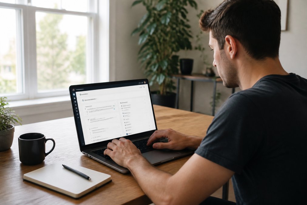 Automate Appointment Booking and Email Follow-Ups Solo entrepreneur sitting at a home office desk, focused on a laptop screen showing a scheduling dashboard with appointment confirmations and email sequence settings visible, coffee mug and notepad beside them, warm natural window light