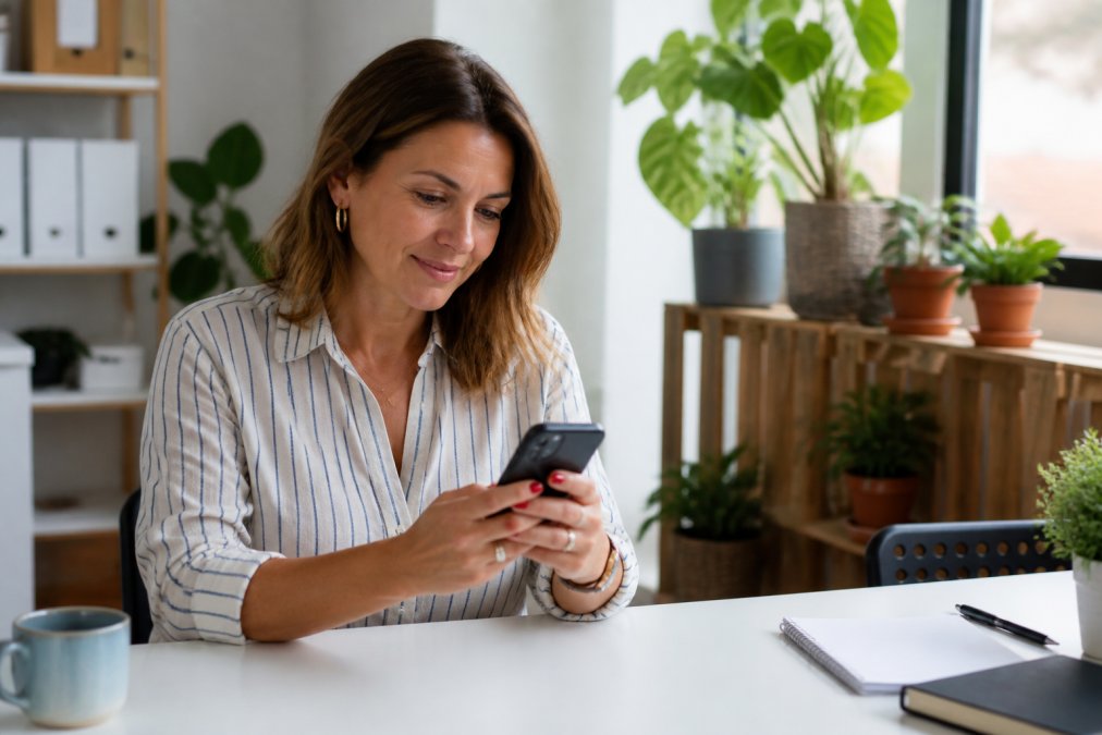 Automate Appointment Booking and Email Follow-Ups Small business owner checking a smartphone notification for an upcoming appointment reminder, seated at a bright modern workspace with a clean desk and plants in the background, natural daylight from a nearby window