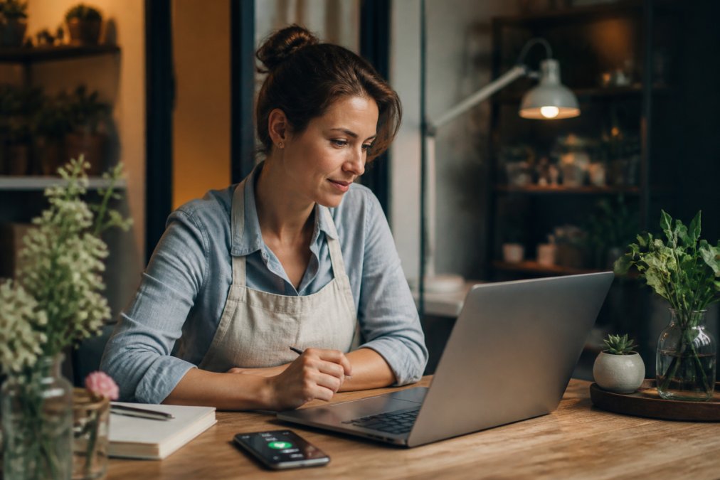 Automate Appointment Booking for Business: 2026 How-To Small business owner checking an appointment booking on a laptop and smartphone at a tidy desk