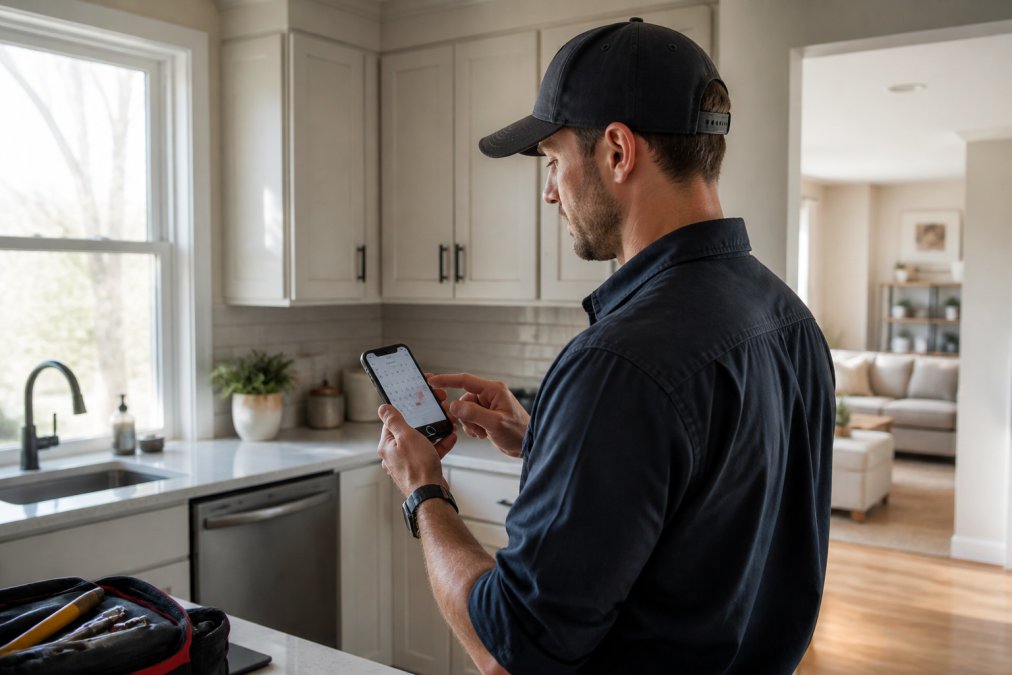 Home service technician checking appointment calendar on smartphone while standing in customer's home, with scheduling software interface visible on screen and afternoon sunlight streaming through windows