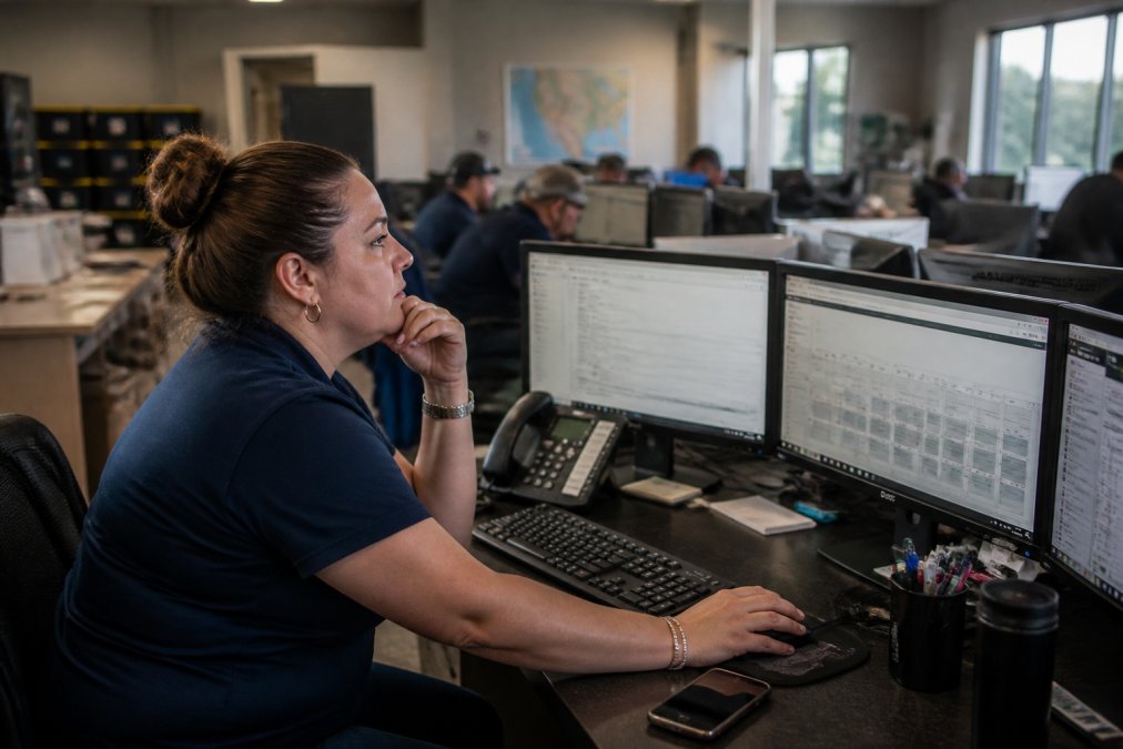 Office manager reviewing automated reminder settings and no-show reduction metrics on computer screen in busy home services dispatch center, with multiple monitors and scheduling dashboards visible