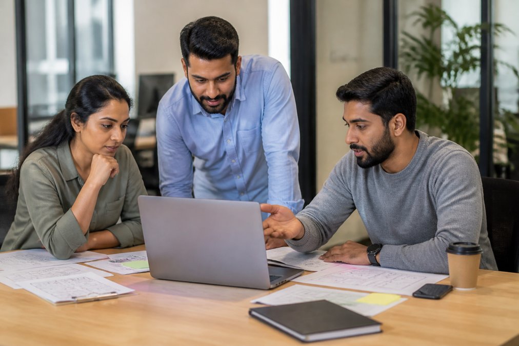 Professional IT team members collaborating around a modern laptop in a bright office, reviewing workflow automation strategy with visible notes, diagrams, and workflow charts on the desk