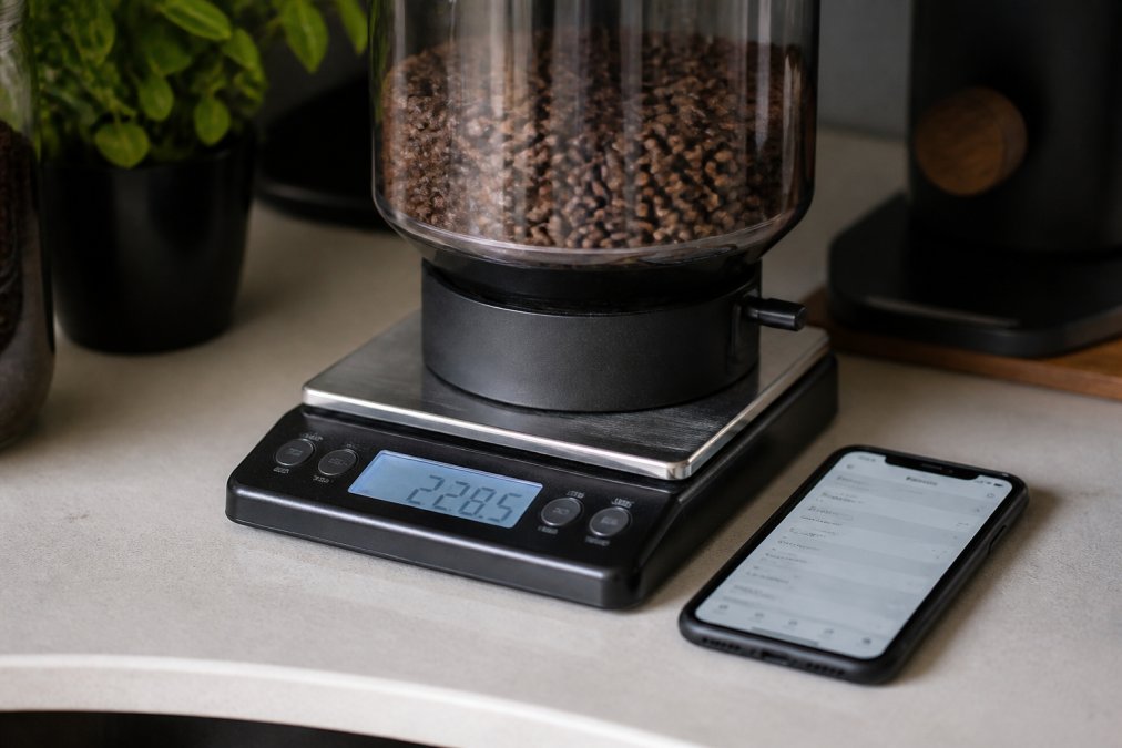 Close-up of a smart scale with a bean hopper sitting on top, displaying weight readings on a digital screen, with a smartphone showing connected automation app nearby