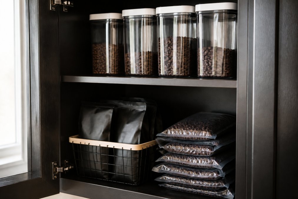 Organized home coffee storage setup showing airtight containers, vacuum-sealed bags, and a cool dark cabinet with fresh roasted coffee beans visible