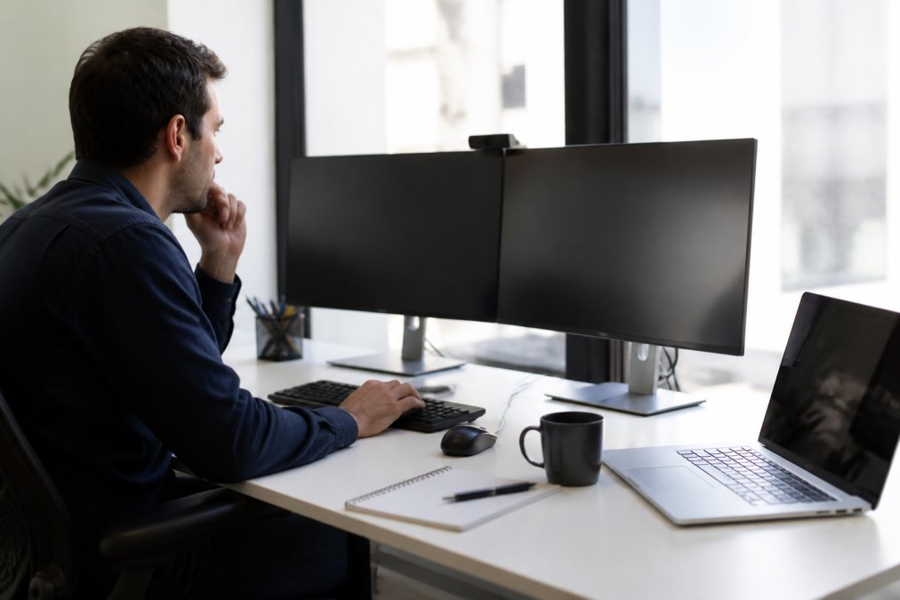 Marketing professional reviewing email campaign performance metrics on a dual-monitor setup in a bright modern office, with a coffee cup and notebook visible on the desk