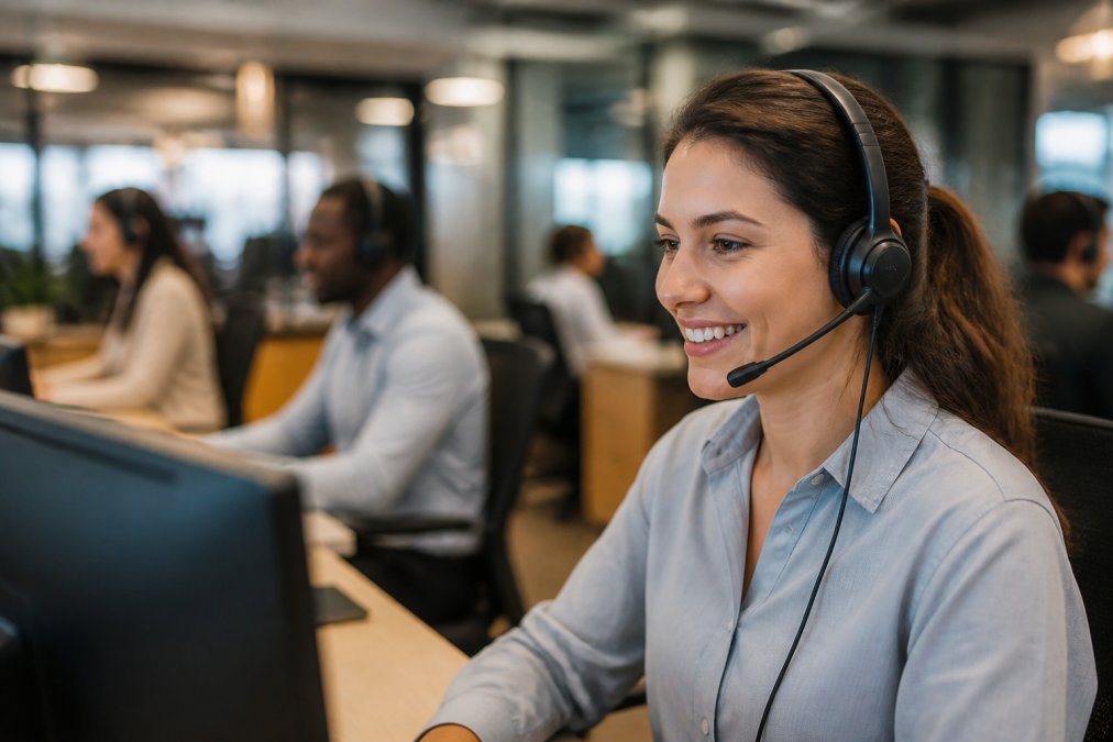 Customer service representative wearing a headset at a workstation, smiling while monitoring multiple customer chat conversations on a computer screen in a modern support center
