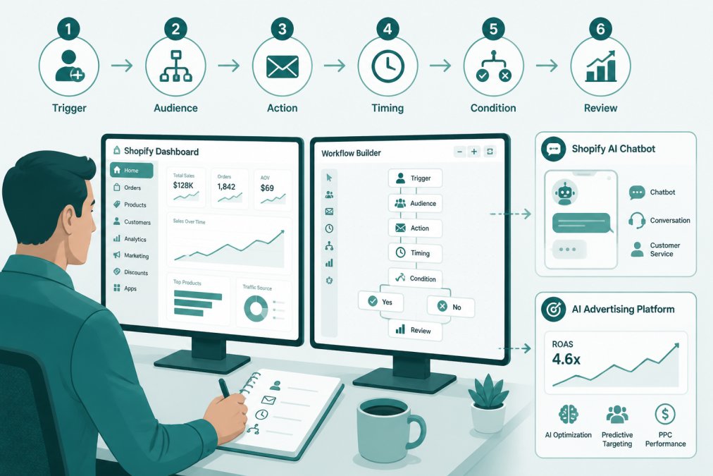 An ecommerce operations manager at a desk with two monitors showing a Shopify dashboard and a workflow builder, taking notes on a notepad beside a coffee cup