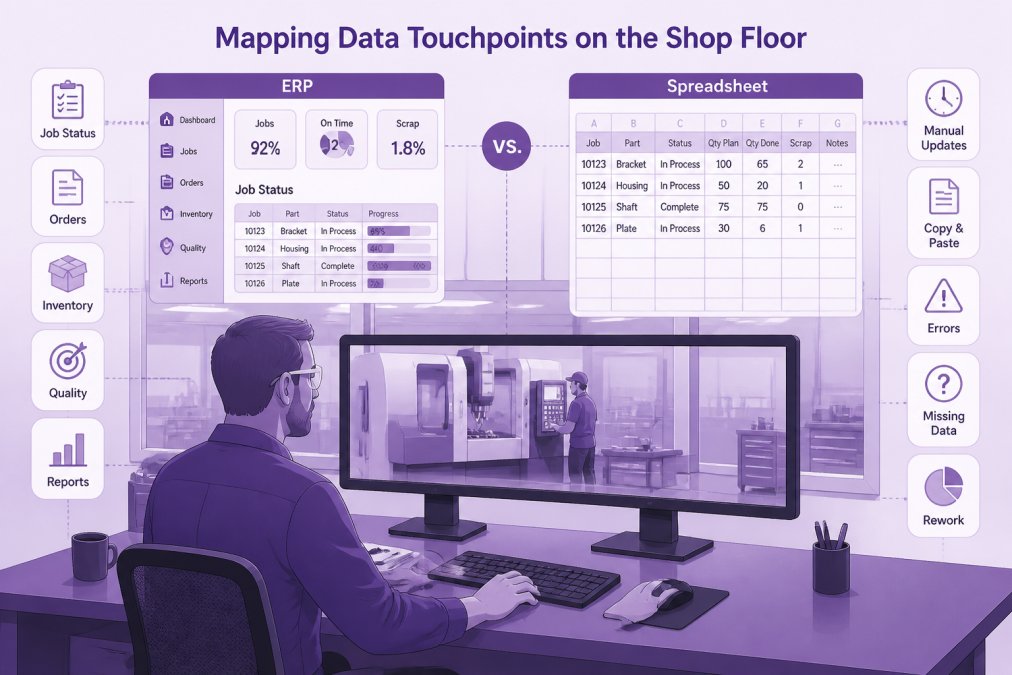 Supervisor using ERP spreadsheet automation to map data touchpoints from the CNC shop floor to digital dashboards.