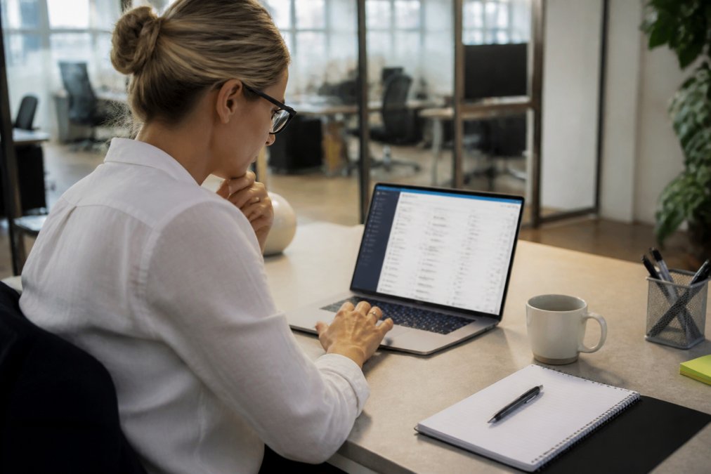 A business professional sitting at a desk reviewing a CRM dashboard on a laptop, with a notepad and coffee nearby in a clean modern office setting