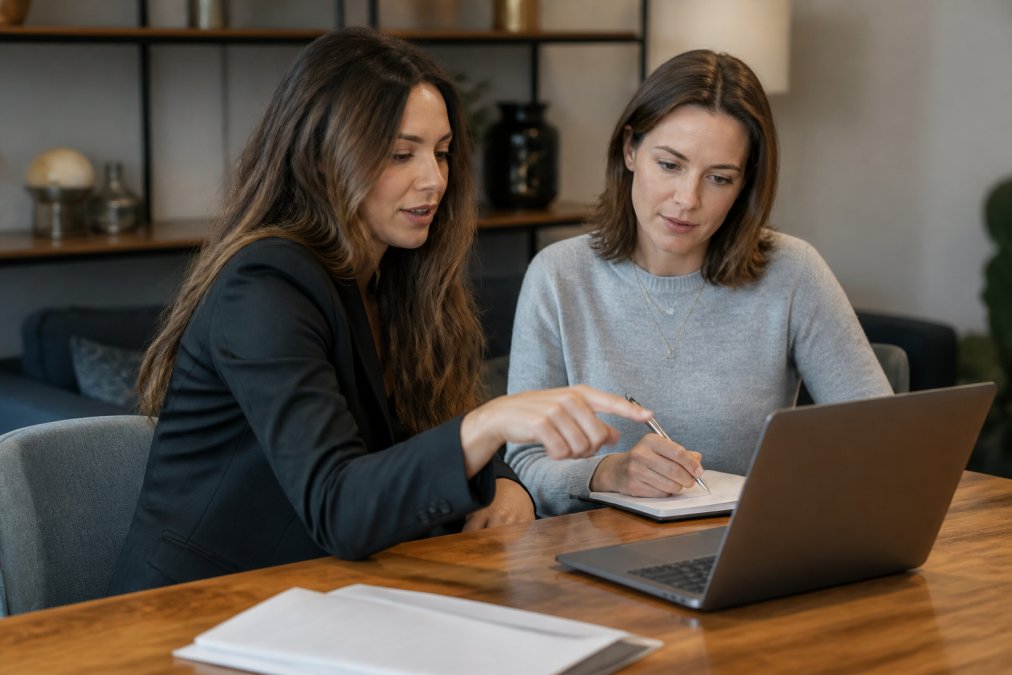 Two colleagues in a professional office setting discussing a sales strategy on a laptop screen, one pointing at the screen while the other takes notes, warm natural office lighting