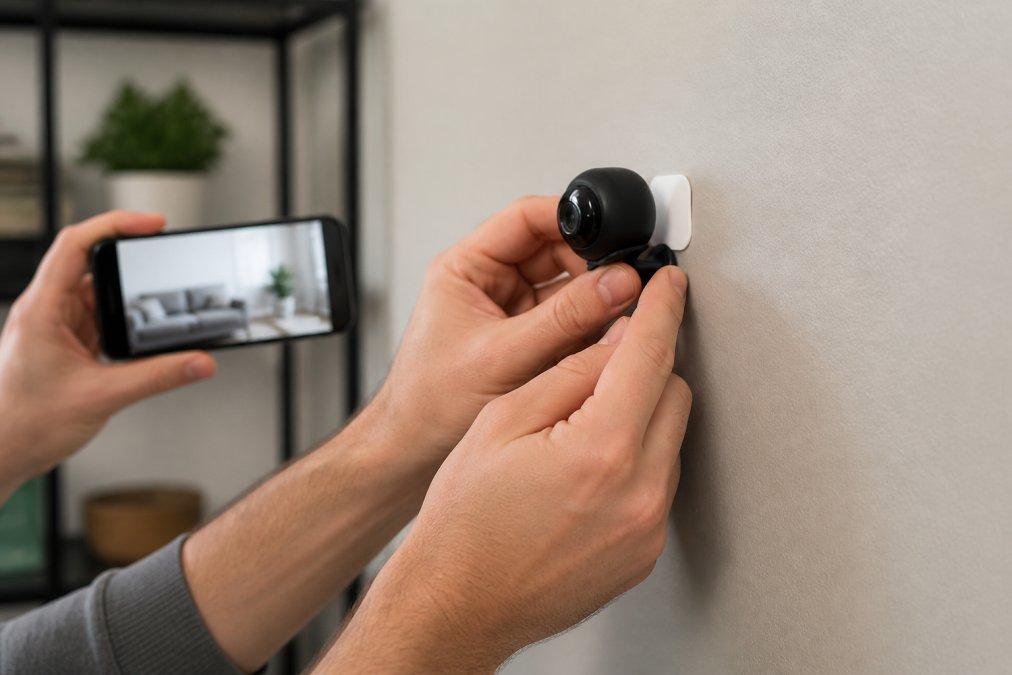 Close-up of a renter's hands installing a wireless security camera on an apartment wall using adhesive mounting strips, with a smartphone displaying the live camera feed in the background