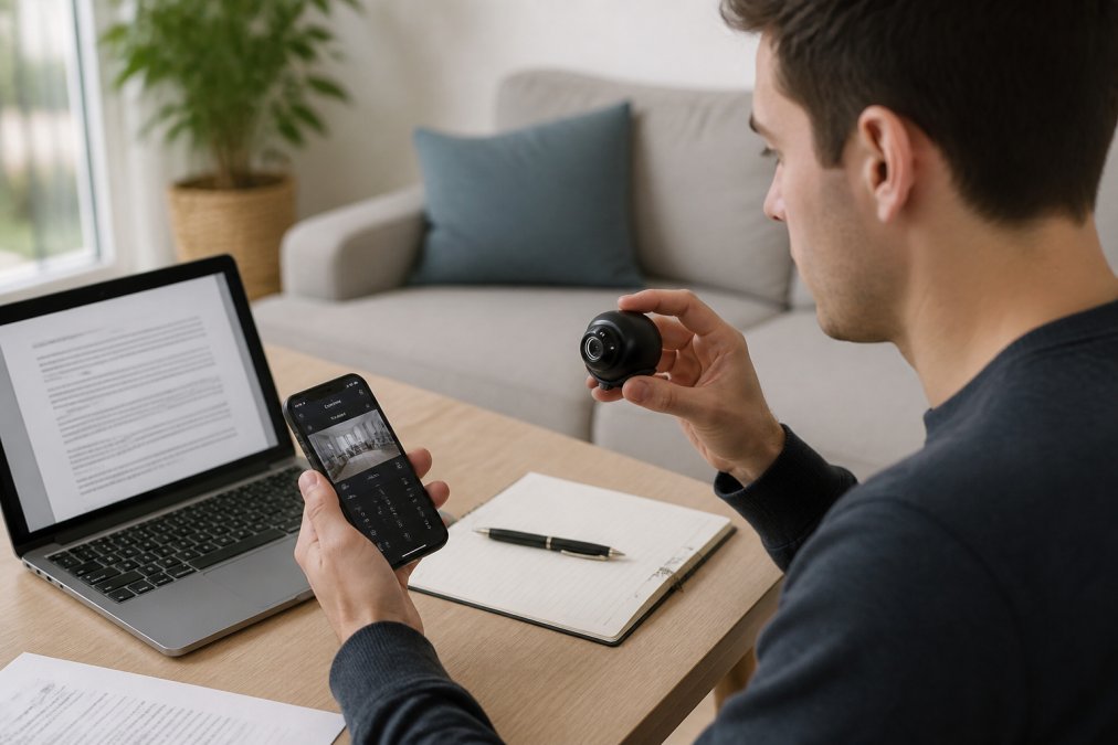A renter sitting at a desk reviewing their lease agreement on a laptop while holding a smart lock device and a smartphone showing security app setup