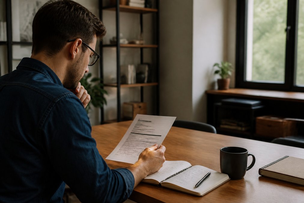 A developer or marketer at a desk reviewing API documentation and connection settings on a computer screen, with notebooks and coffee nearby