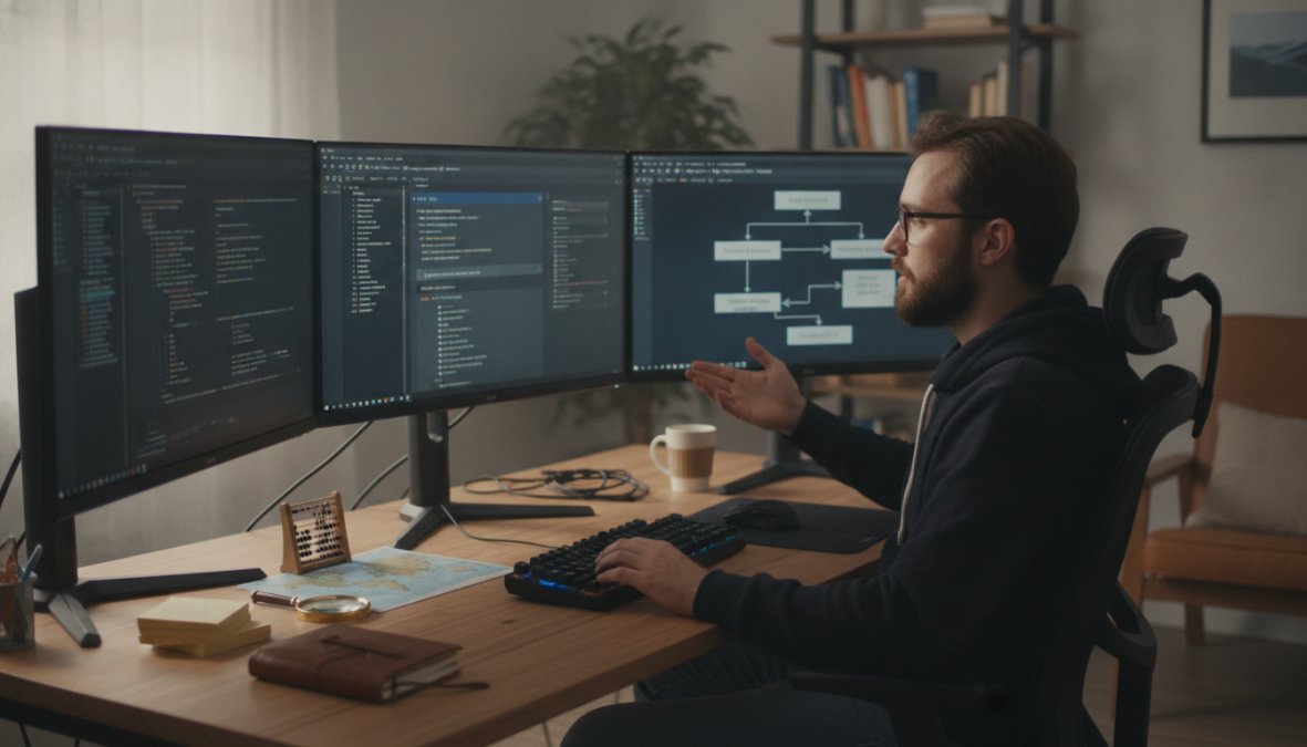 Developer seated at a standing desk with three monitors showing Python code, DataForSEO API documentation, and a Make.com workflow canvas, under warm office lighting in a modern Ljubljana tech workspace