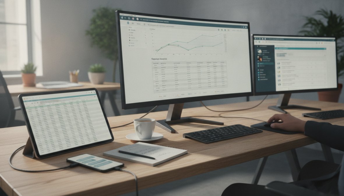 Three marketing team members gathered around a laptop at a modern standing desk, reviewing a keyword analytics dashboard on screen, bright Ljubljana office with floor-to-ceiling windows in the background