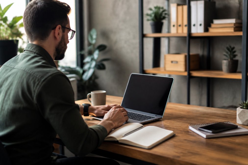 E-commerce business owner at modern desk reviewing marketing automation dashboard on laptop with notebook and coffee cup, natural office lighting