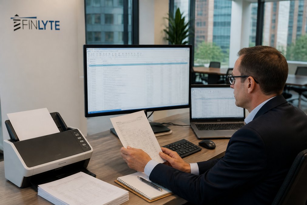 Accountant reviewing a digital invoice on a monitor to streamline accounting workflows in a modern office