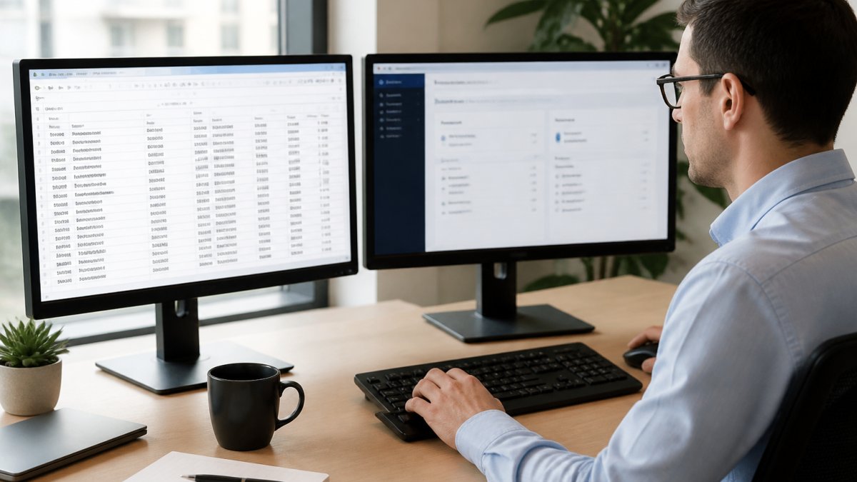 Finance professional using dual monitors to automate manual csv bank downloads into Google Sheets
