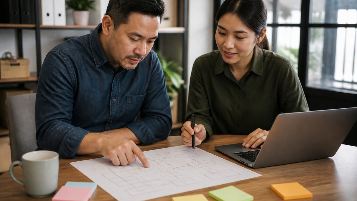 A small business owner and an employee reviewing a printed process map on a desk with a laptop showing a workflow builder open, sticky notes and a coffee mug nearby in a bright office